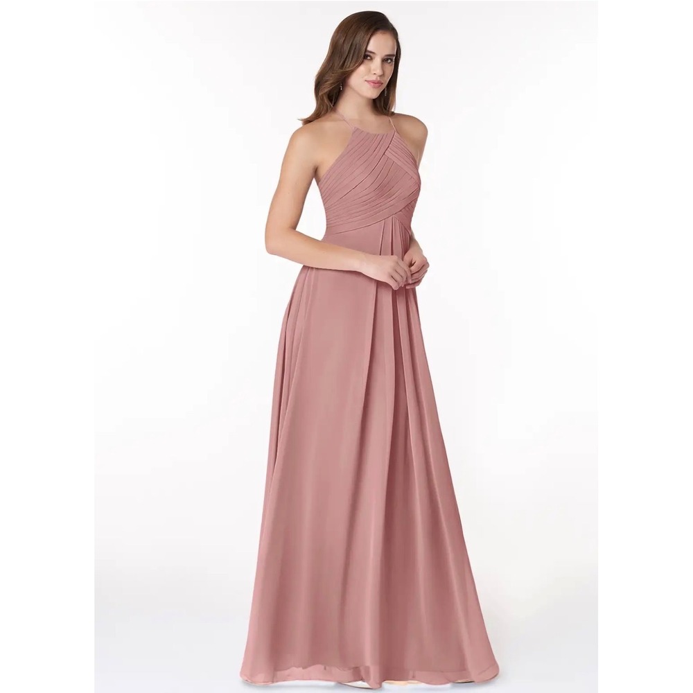 AW Bridal Dusty Rose Chiffon Halter Pleated Maxi Dress Size 4 Formal Gown